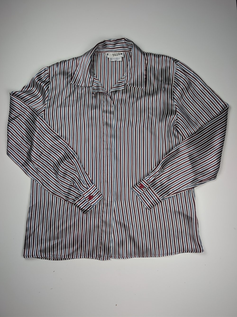 Joan Leslie Vintage Womens Striped Silky Blouse Shirt Size 6 Burgundy Navy EUC